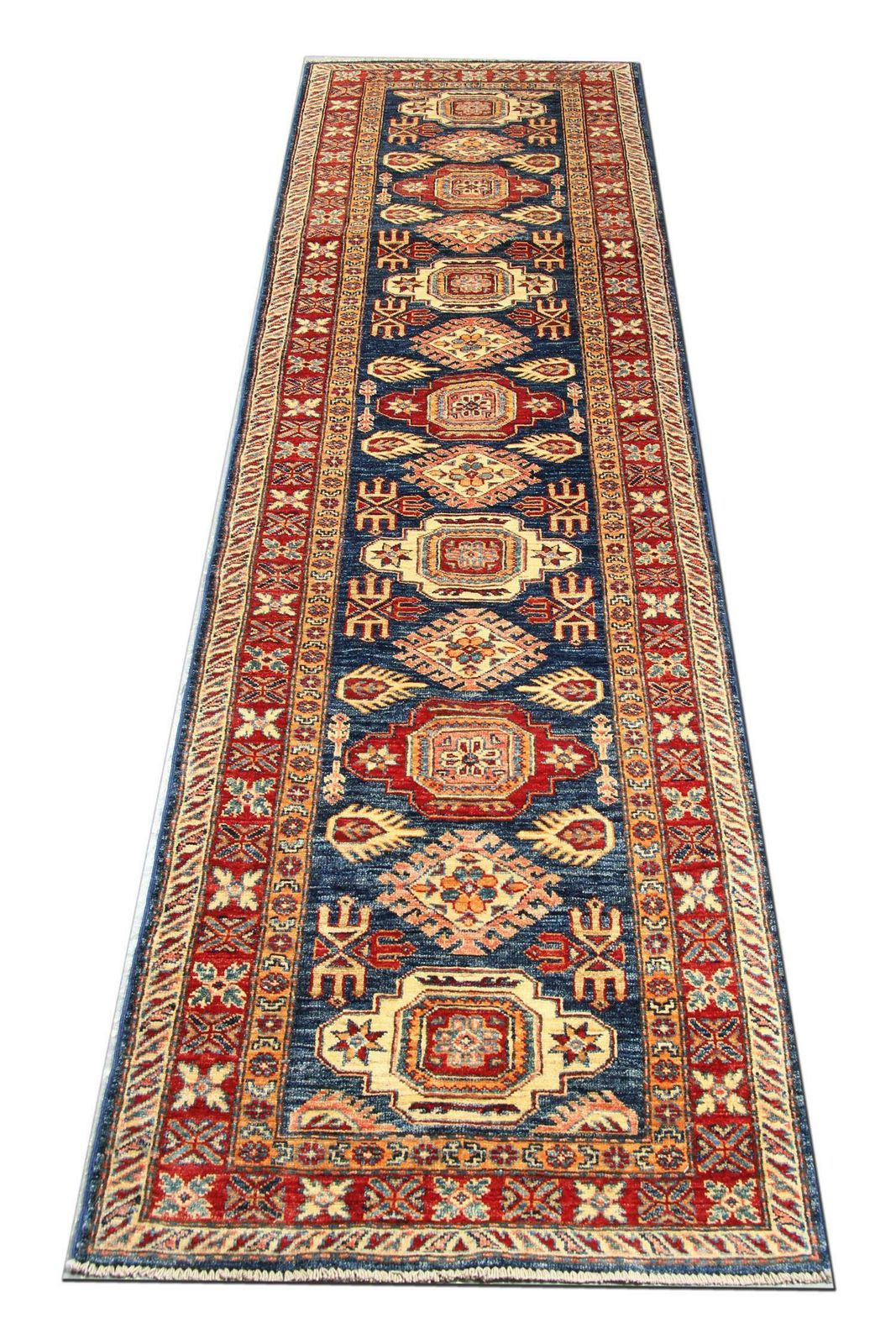 Handmade Runner Rug Traditional Kazak Carpet Rug Blue Geometric Runner photo for sale