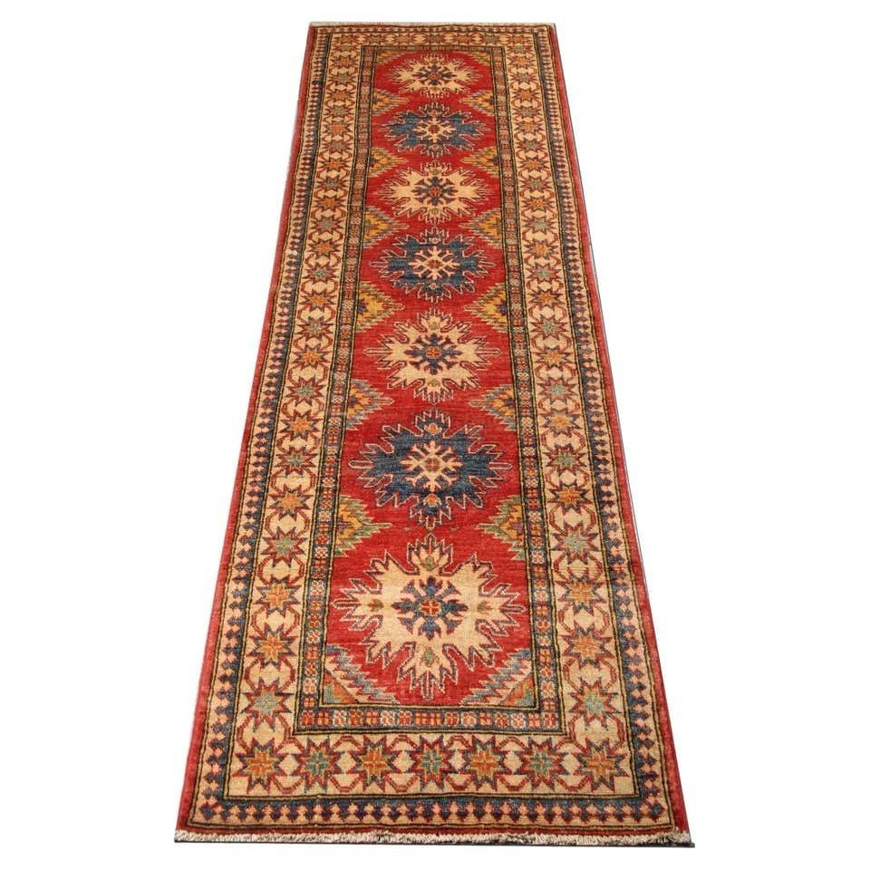 Handmade Runner Rug Traditional Kazak Carpet Rug Red Geometric Runne