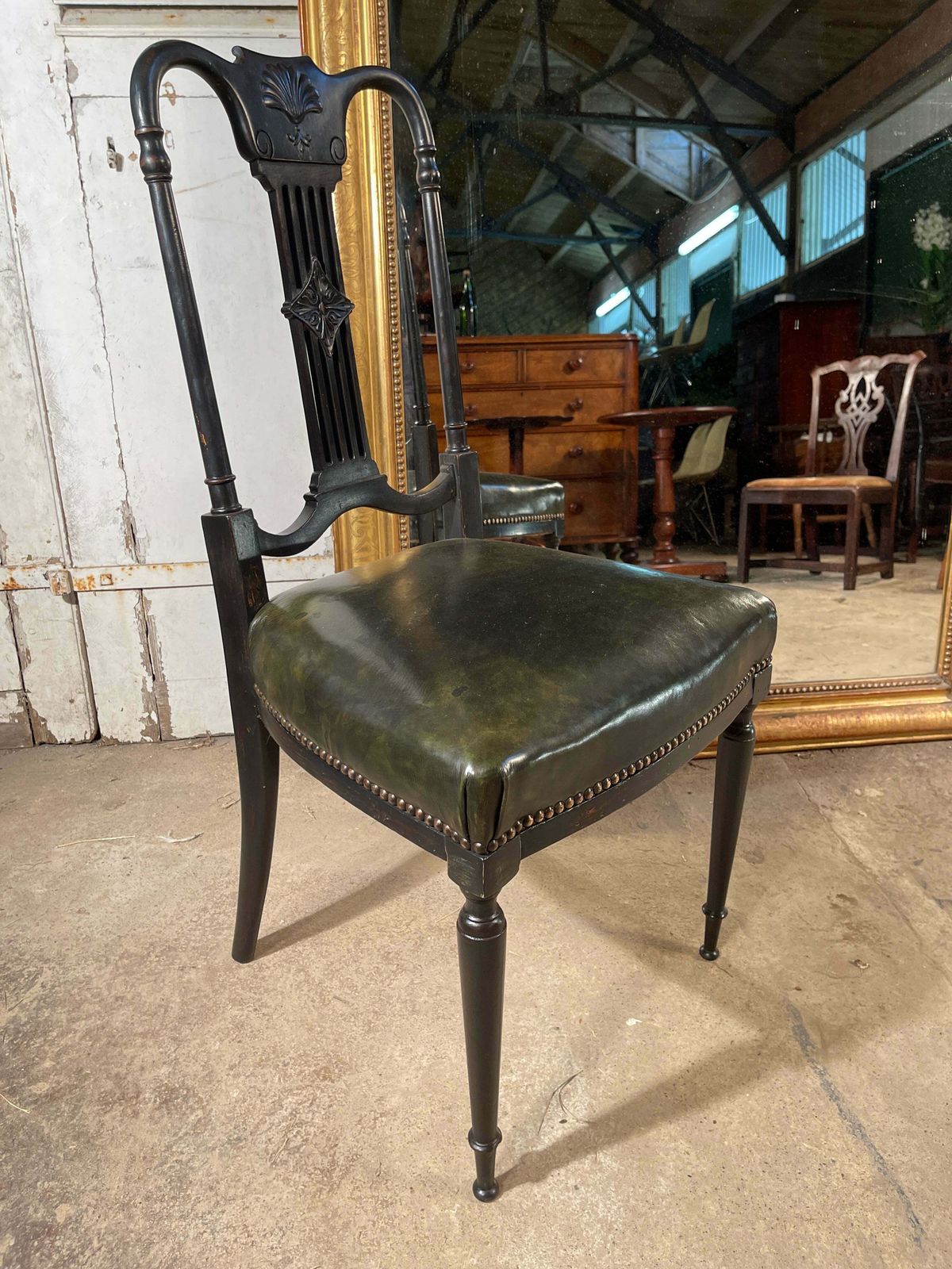 A Beautiful Antique French Napoleon III Leather & Ebonised Mahogany Music Chair Circa 1840 photo furniture