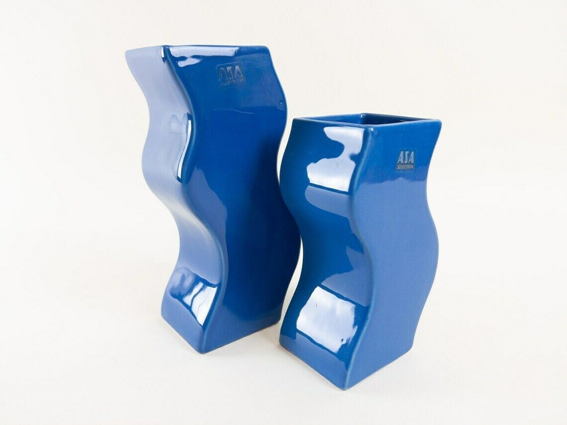 Pair Of Asa Selection Blue Wavy Ceramic Vases   Postmodern Design   Made In Germany photo for sale