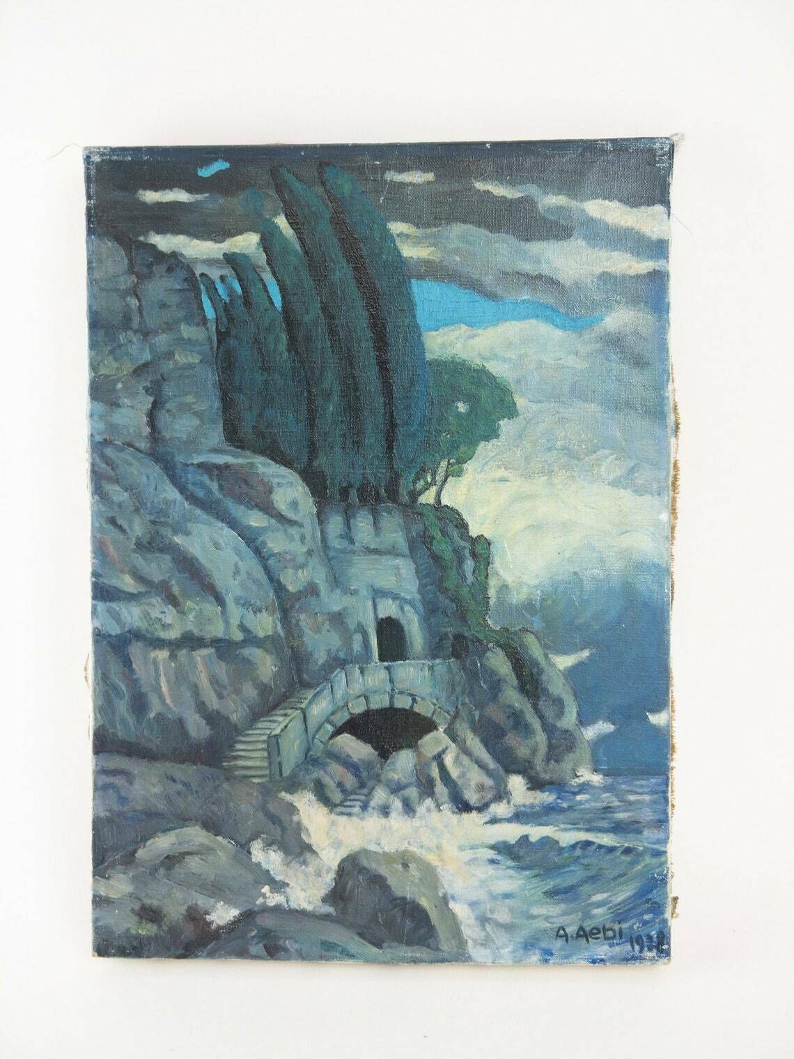 Original Acrylic Painting Of Ocean   Waves Crashing In On A Secret Cave   Dated 1938 photo Art