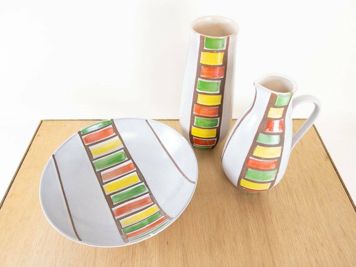 Veb Haldensleben Vases And Bowl With Green, Red And Yellow Striped Glaze photo furniture