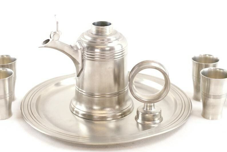 Pewter Serving Set   Bar Cart Set   Heavy Pewter Drinks Set With A Tray, Six Cups And A Wine Jug photo Home Decor