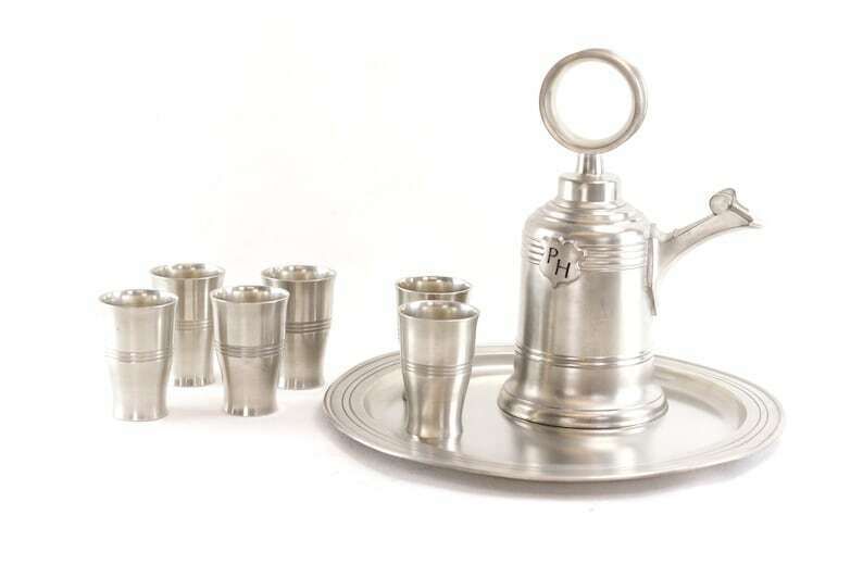 Pewter Serving Set   Bar Cart Set   Heavy Pewter Drinks Set With A Tray, Six Cups And A Wine Jug photo vintage
