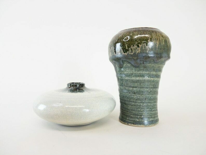 Olive Green And White Glazed Studio Pottery Pair Of Unique Vases From Switzerland photo furniture