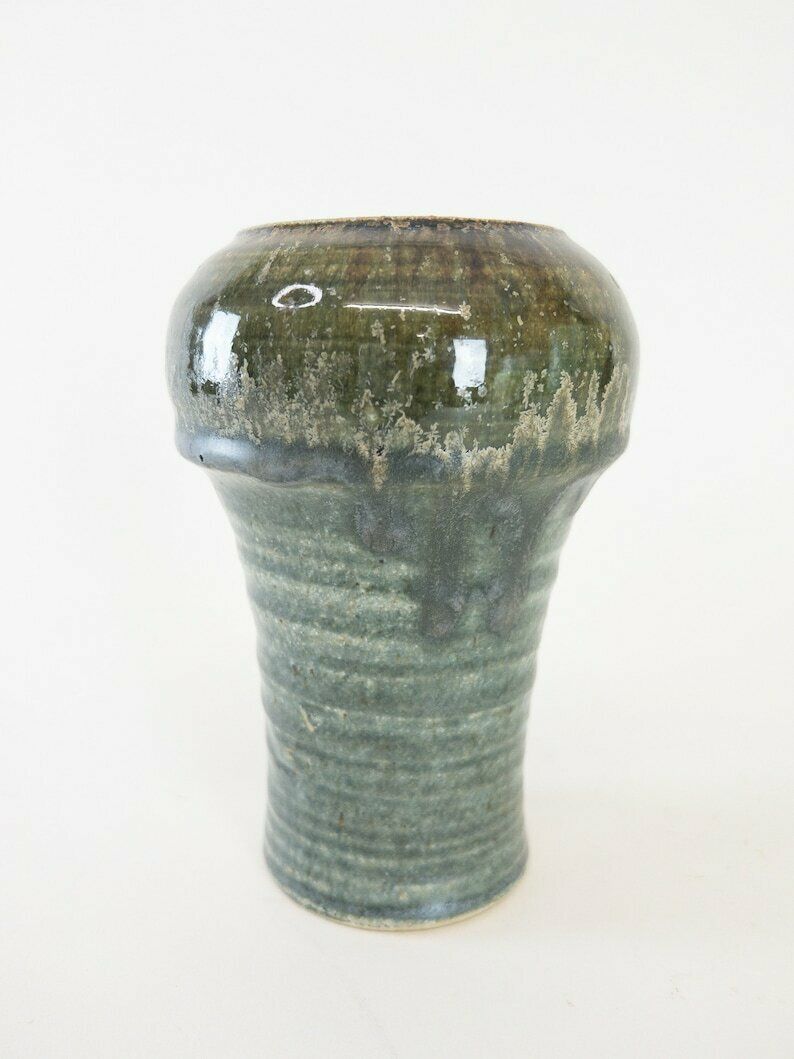 Olive Green And White Glazed Studio Pottery Pair Of Unique Vases From Switzerland photo Home Decor