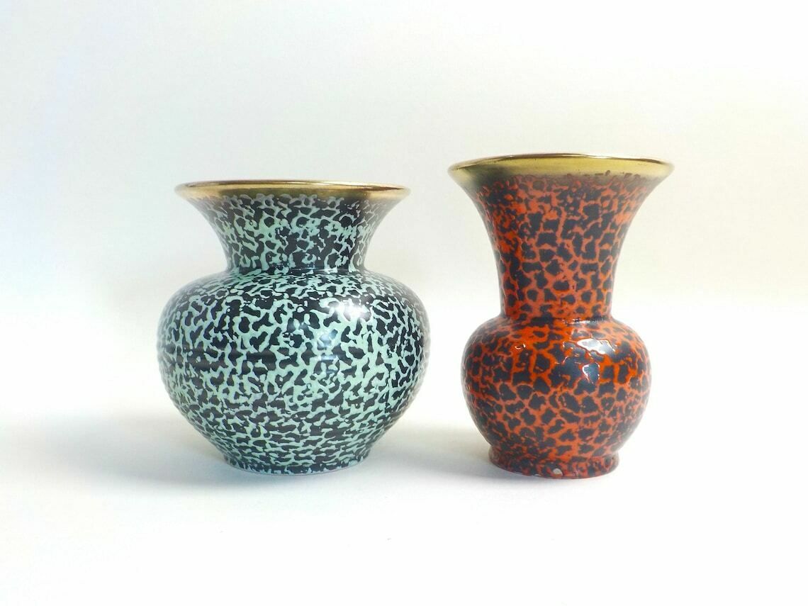 Trumpet Vases, Pair Of Mid Century Trumpet Vases, West German Art Pottery, Red And Green