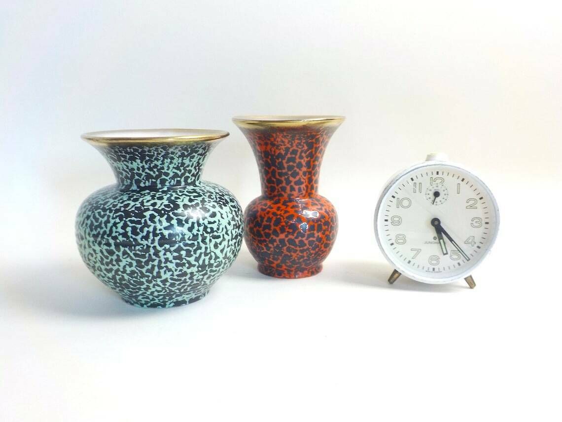 photo furniture Trumpet Vases, Pair Of Mid Century Trumpet Vases, West German Art Pottery, Red And Green