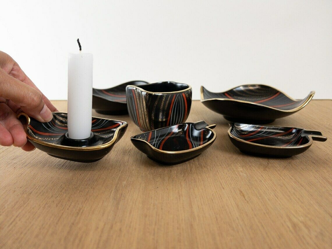 Atomic Age Smoking Set   West German Pottery   1950s, Mid Century Ashtray, Candleholder, Cigarette Holder   Smoking Accessory photo Home Decor