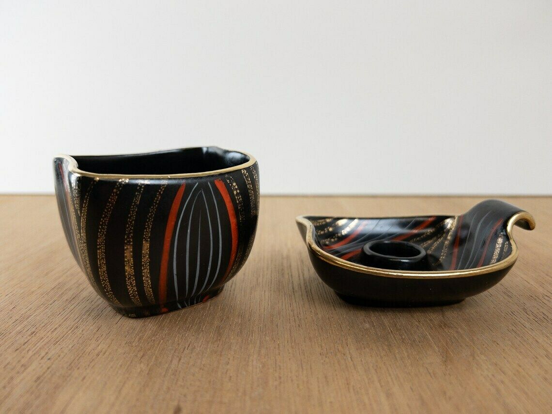 Atomic Age Smoking Set   West German Pottery   1950s, Mid Century Ashtray, Candleholder, Cigarette Holder   Smoking Accessory photo vintage