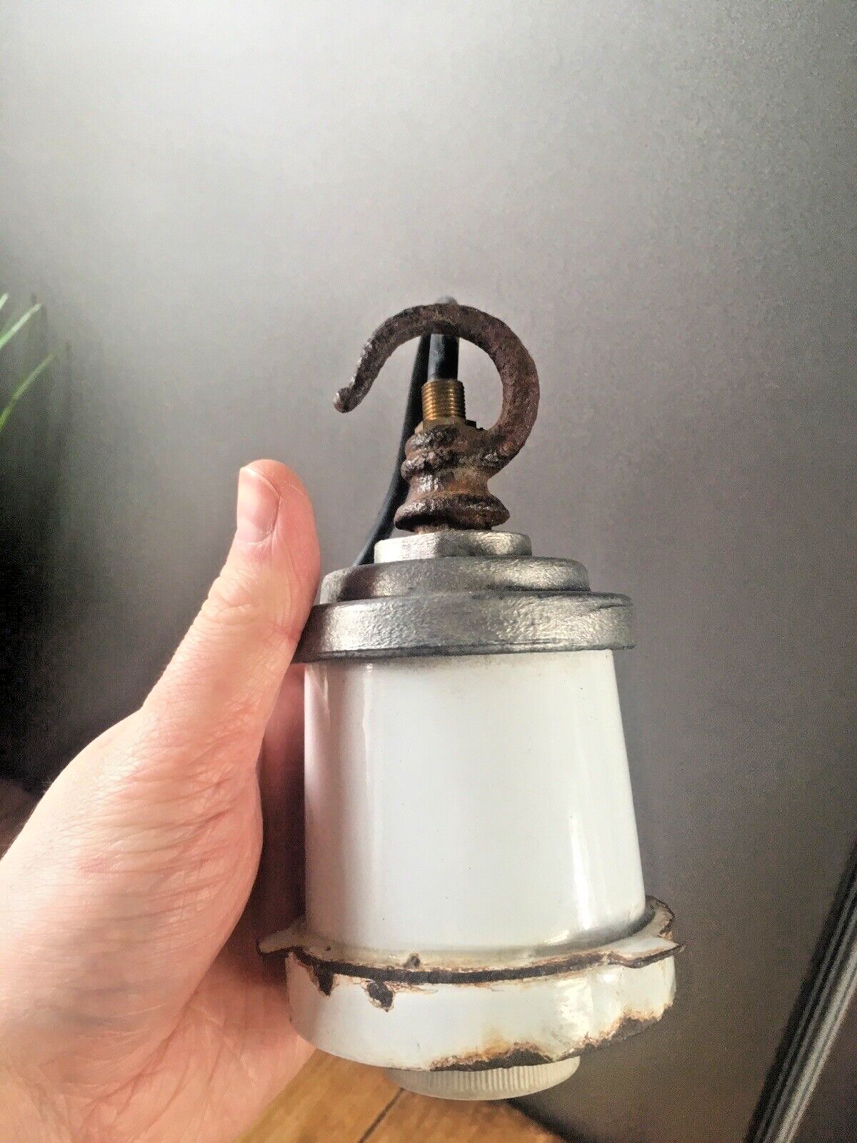 Large 2 Piece Industrial Factory White Enamel Ceiling Pendant Light Shade & Hook photo for sale