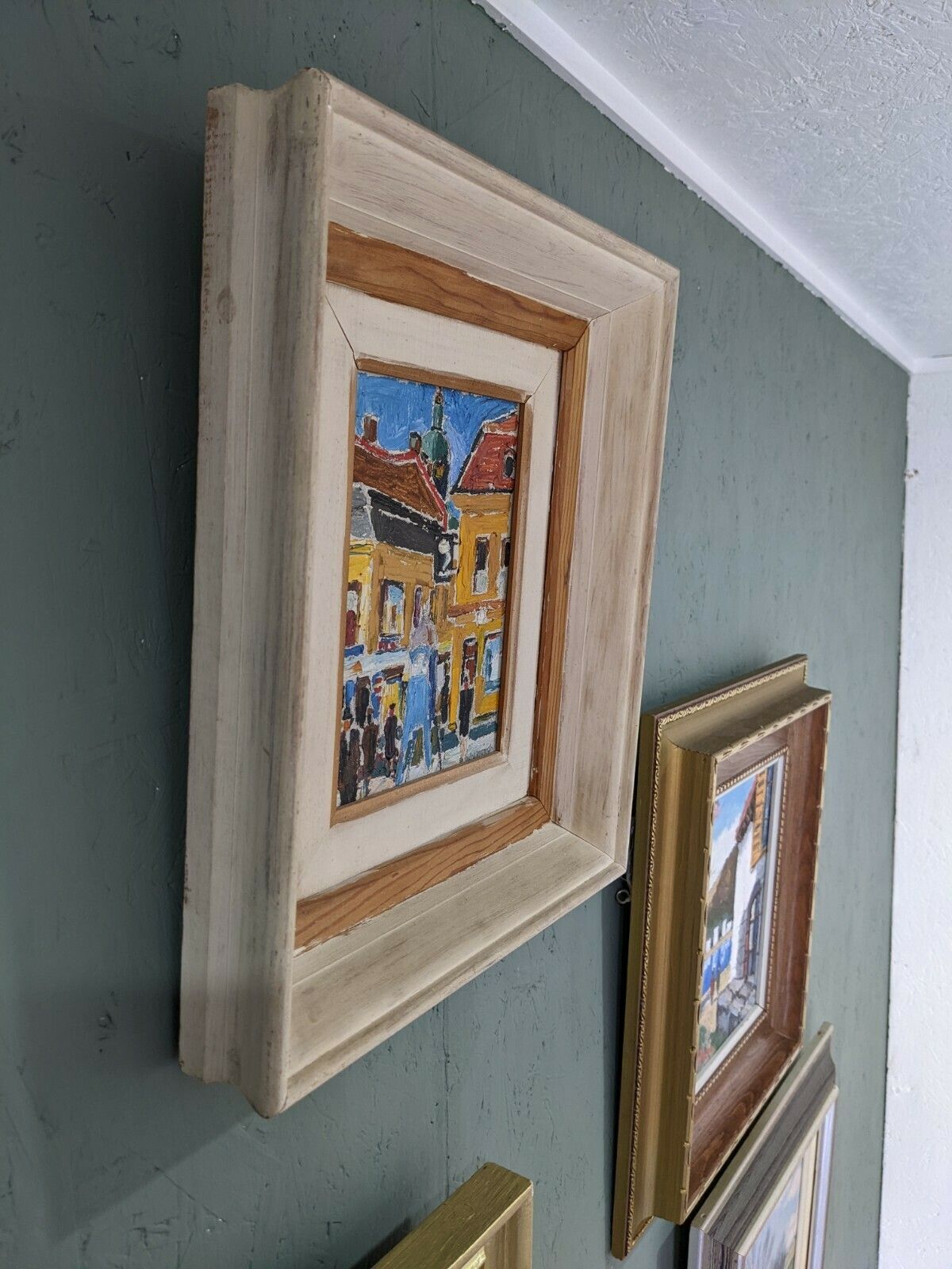 Mid Century Modern Swedish Framed Street Scene Oil Painting, Pedestrians photo for sale