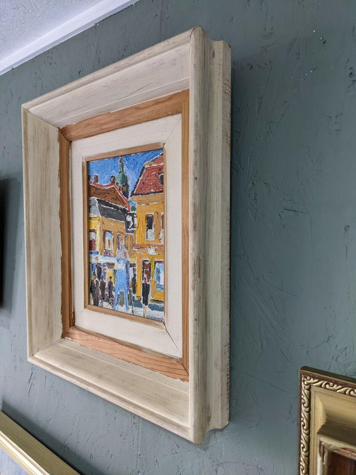 Mid Century Modern Swedish Framed Street Scene Oil Painting, Pedestrians photo Art
