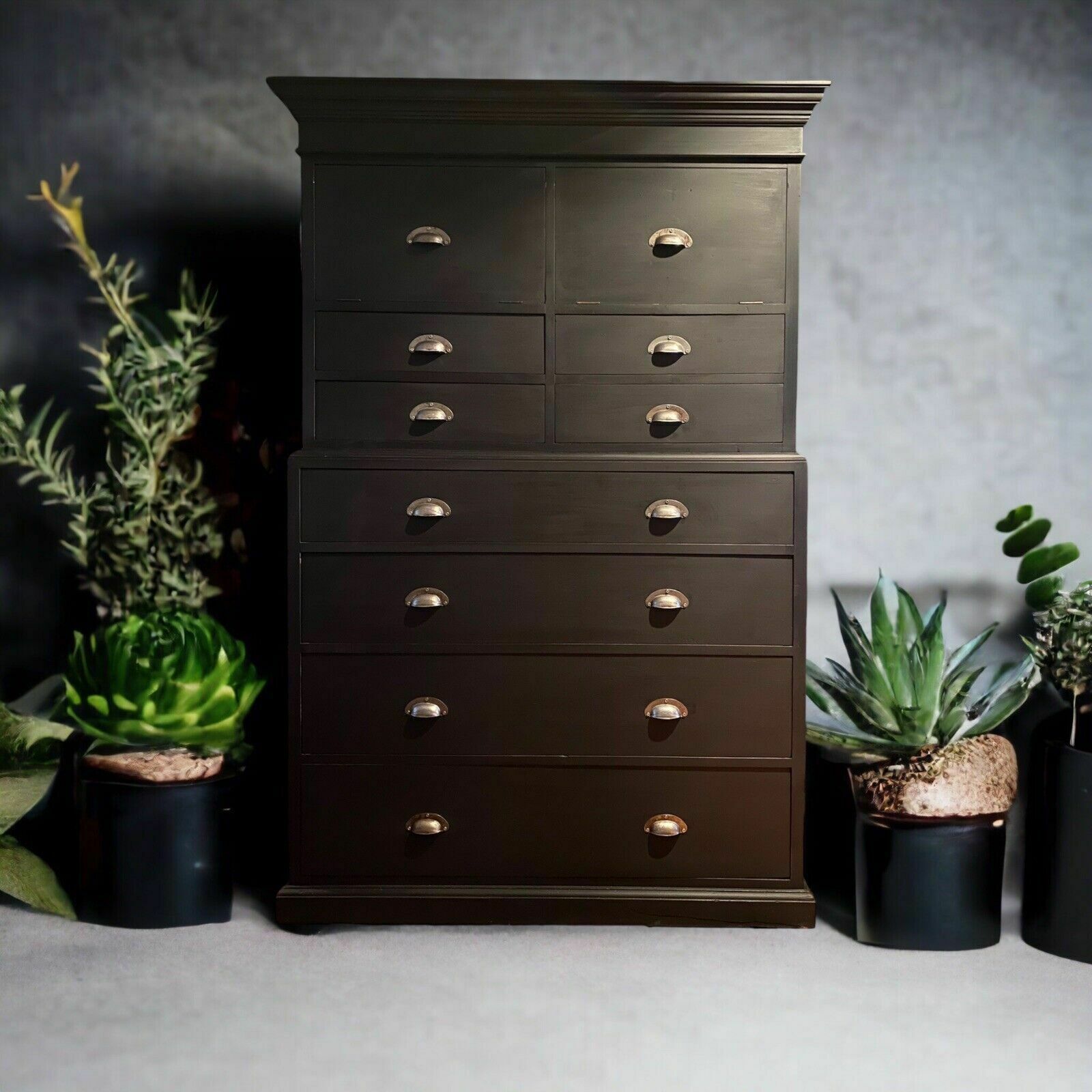 Vintage Repro Antique Style Mahogany Black Painted Chest On Chest Of Drawers