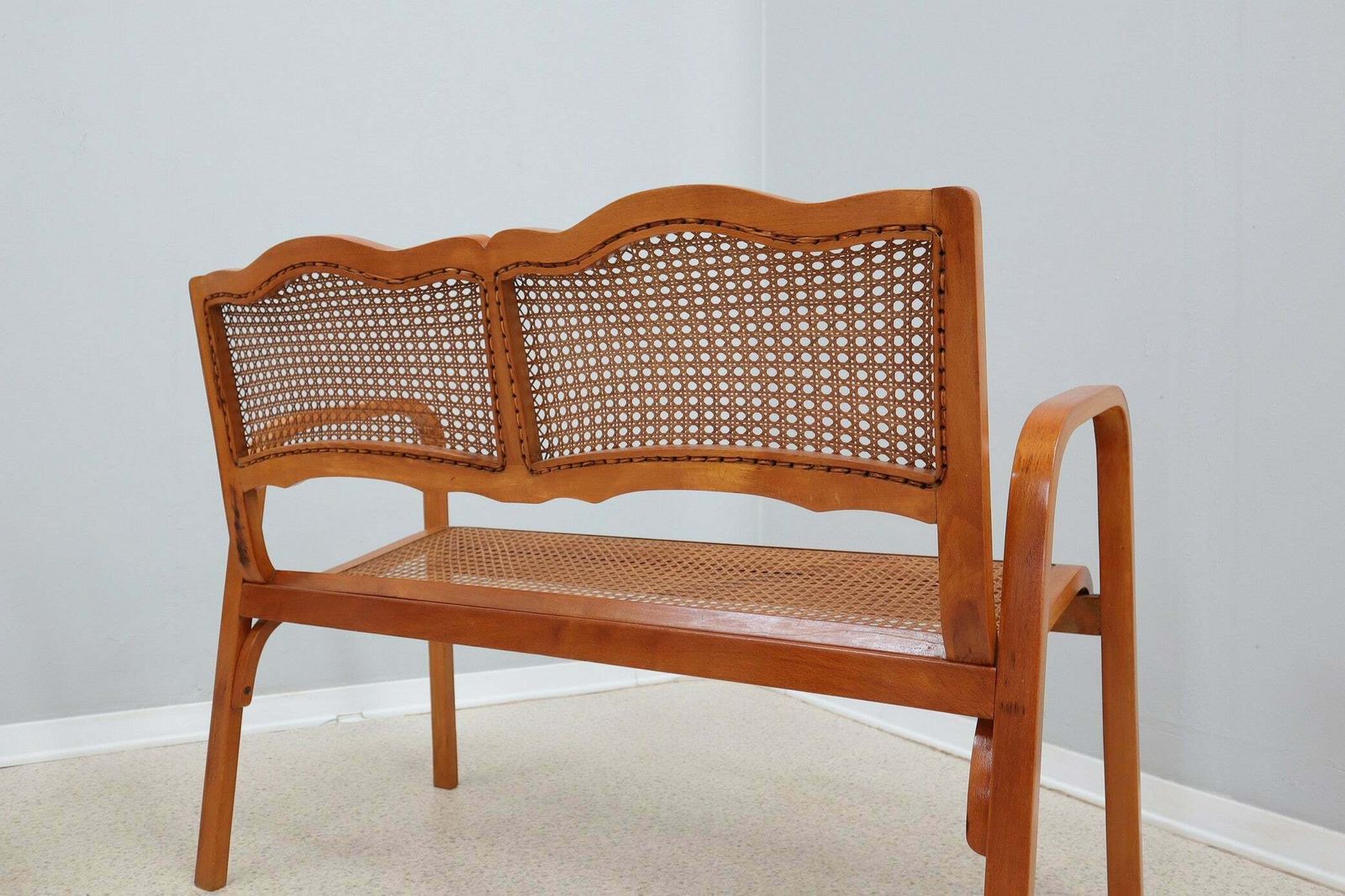 photo for sale Mid Century Vienna Straw Set 1940s, Bench + Armchair