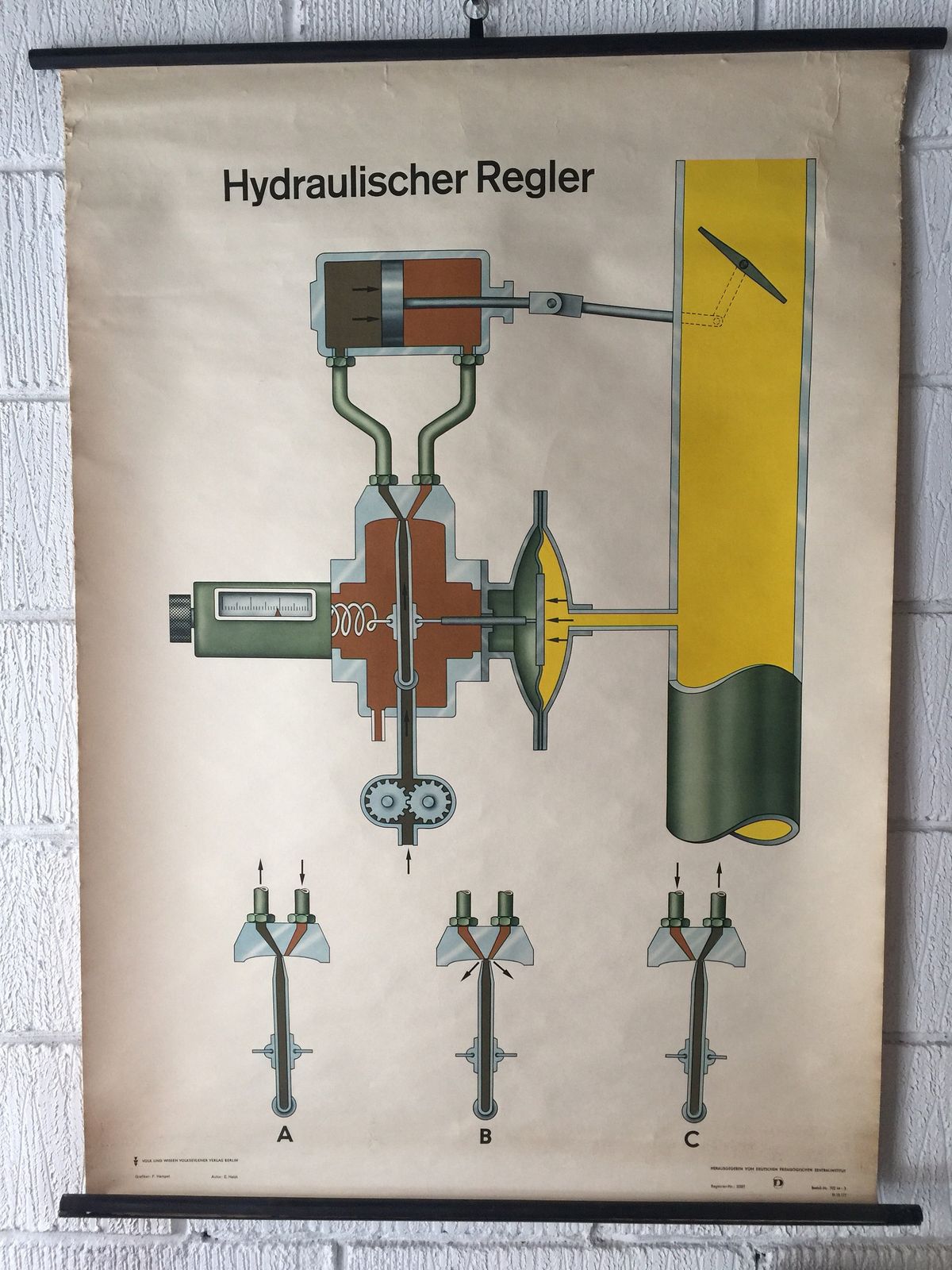 Vintage East German Roll Down Poster Of A Hydraulic Regulator By Volk Und Wissen, Berlin 