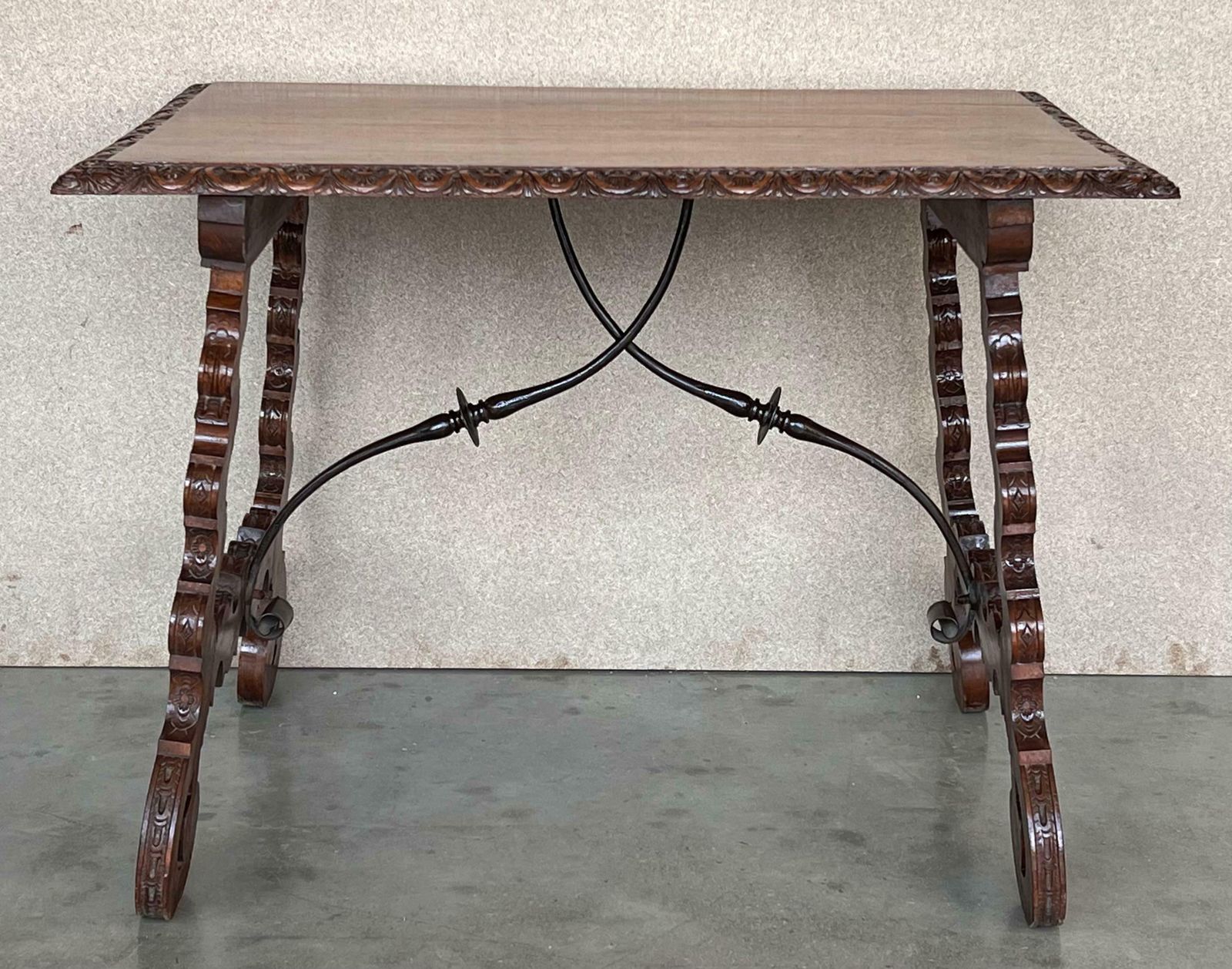 Side Table Of Walnut With Carved Lyre Legs And Top Spanish 19th Century photo for sale