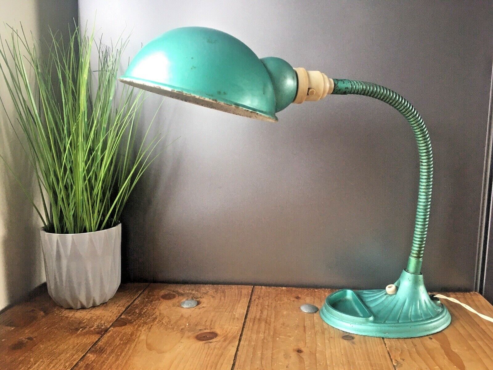 Antique Art Deco 30s Teal Green Supreme Industrial Gooseneck Scalloped Desk Lamp” photo furniture