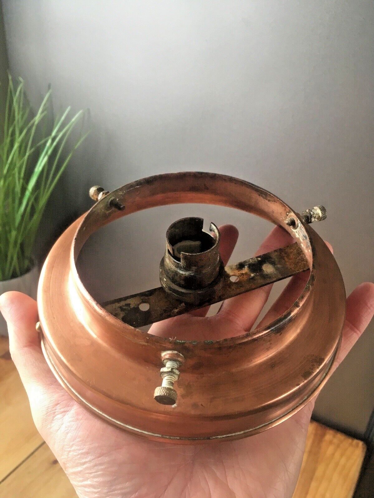 Art Deco Opaline Glass Globe Lamp Shade & Copper Gallery Ceiling Light Fitting photo for sale