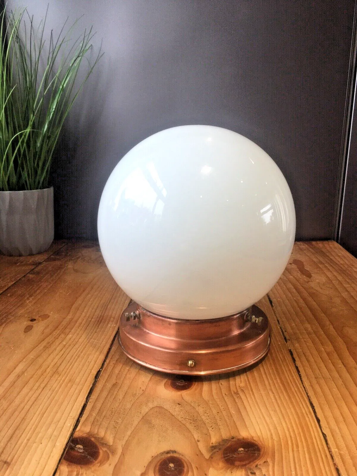 Art Deco Opaline Glass Globe Lamp Shade & Copper Gallery Ceiling Light Fitting photo vintage