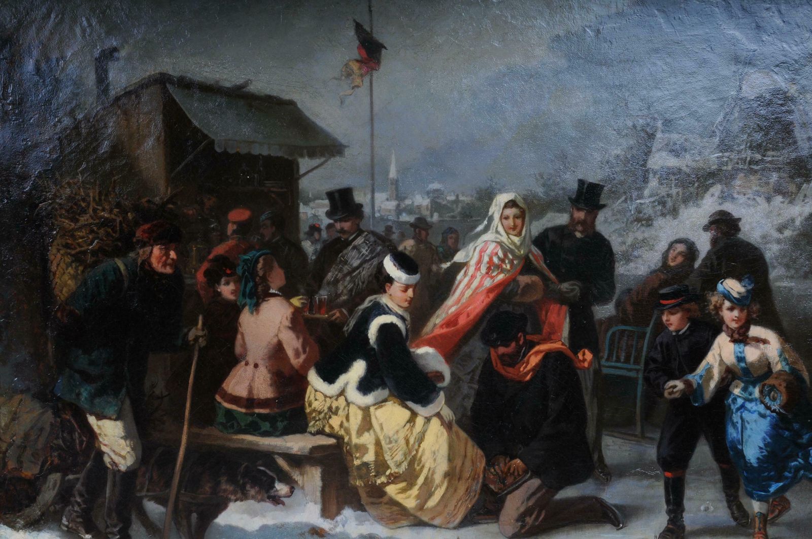 Oil Painting Ice Skating Of A Princess, Germany, 19th Century photo for sale