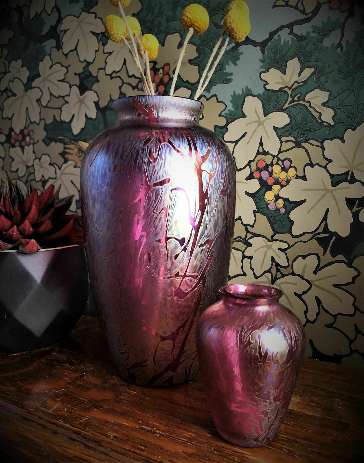 2 Royal Brierley Pink Irridescent Studio Glass Vases   Large And Small