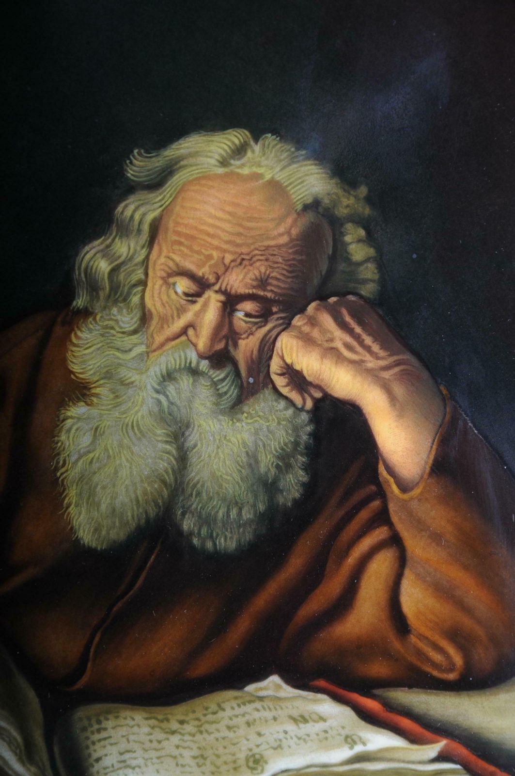 Porcelain Picture Plate Painting After Salomon Koninck "The Hermit" photo vintage