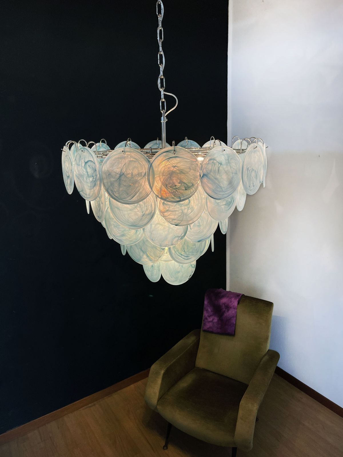 High Quality Murano Chandelier Space Age   57 Blue Albaster Iridescent Glasses photo buy