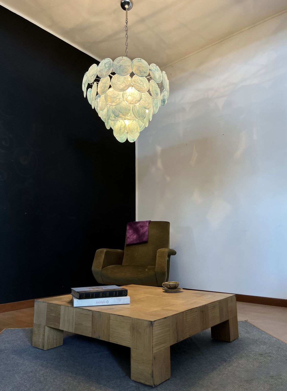 Lighting High Quality Murano Chandelier Space Age   57 Blue Albaster Iridescent Glasses photo