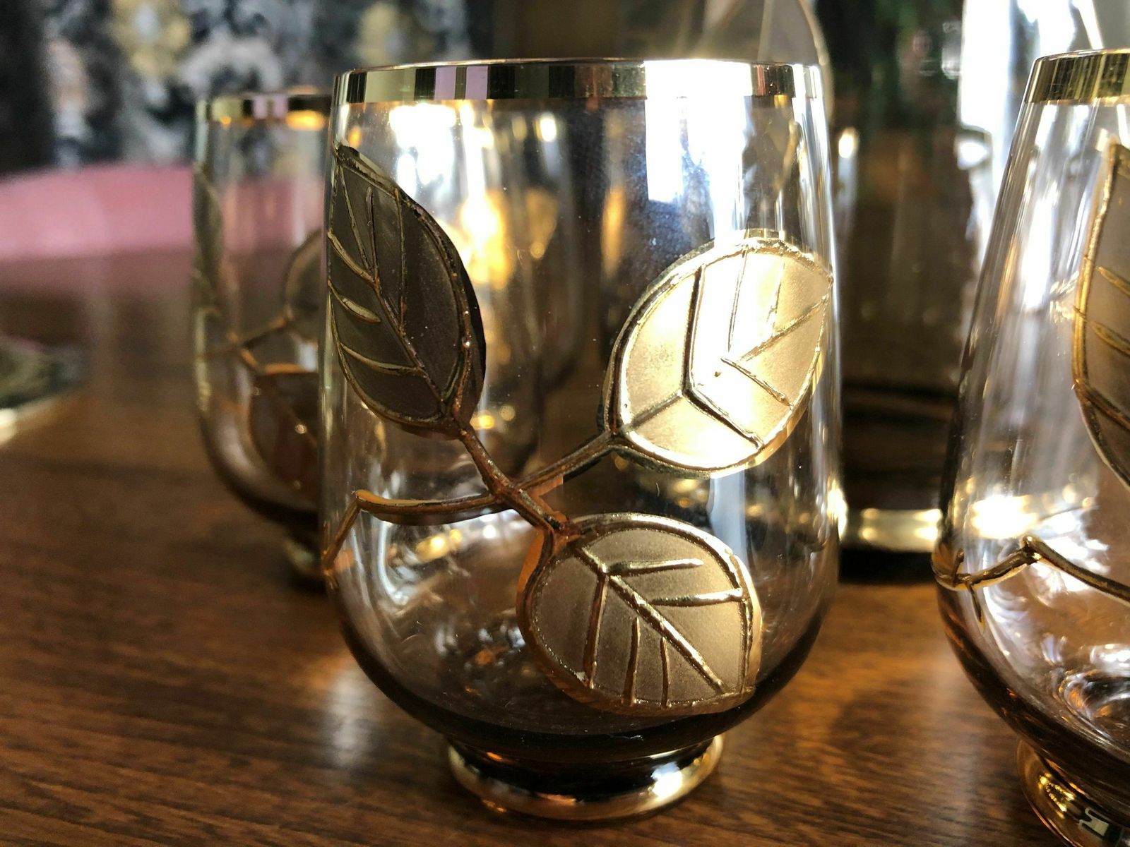 1960's Gold Rose Glass Jug With Six Matching Glasses photo for sale