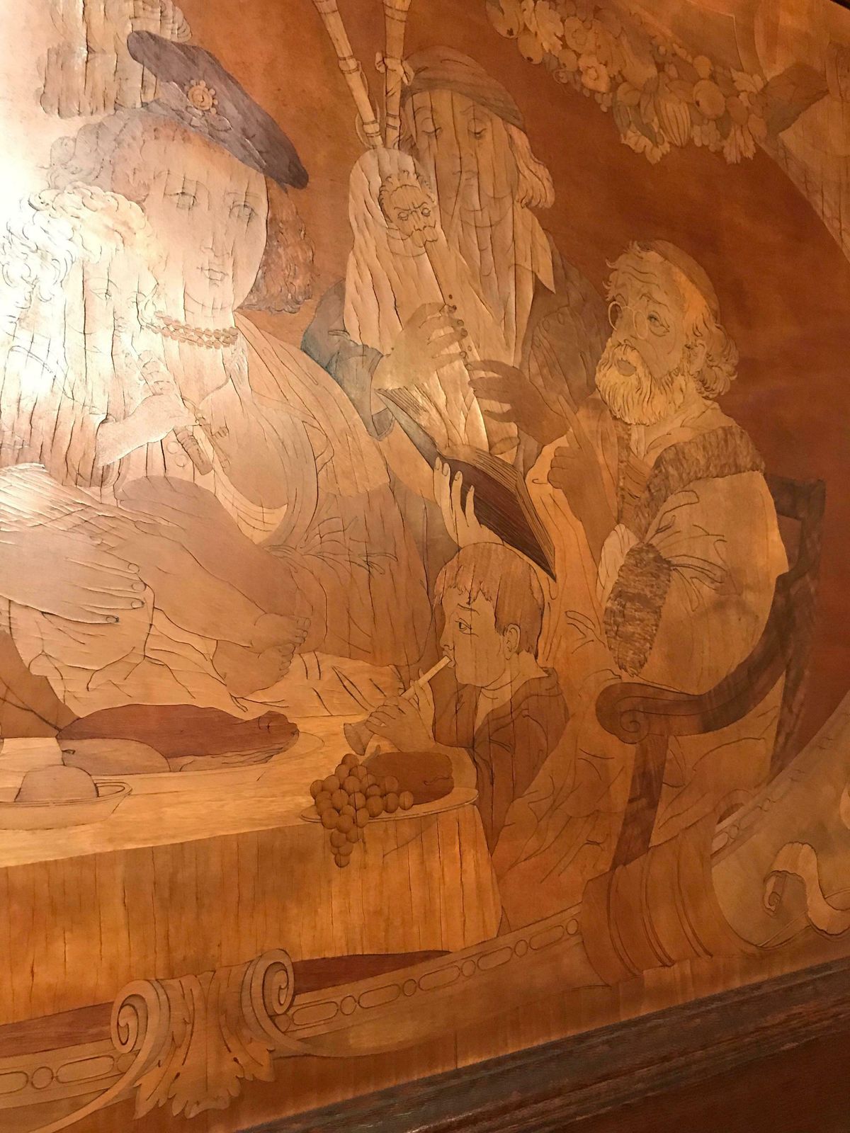 photo furniture Monumental Old Wood Inlaid Mural, Signed W. V. Naive Art
