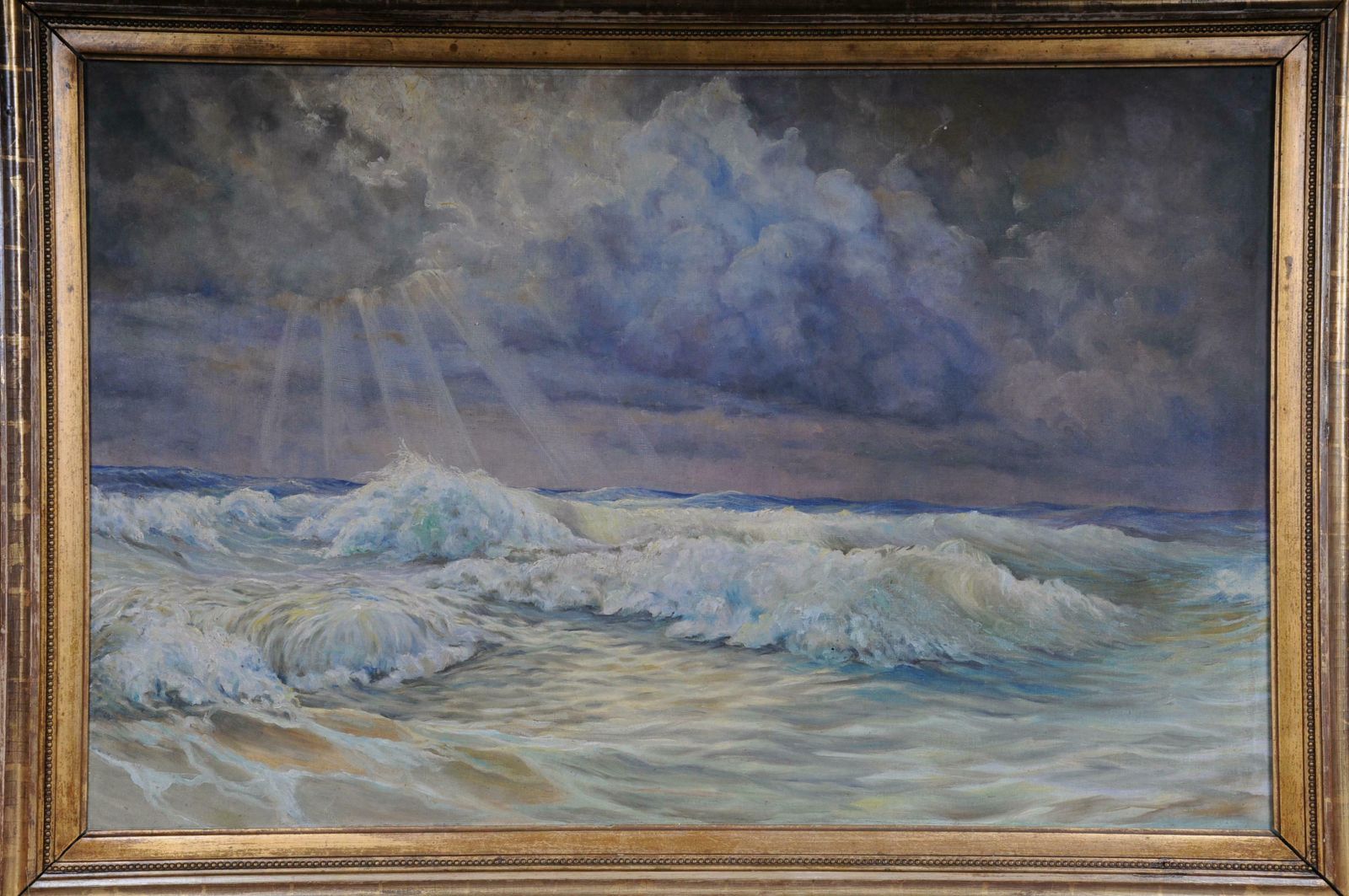 19th Century Oil Painting View From The Sea In A Big Gild Frame