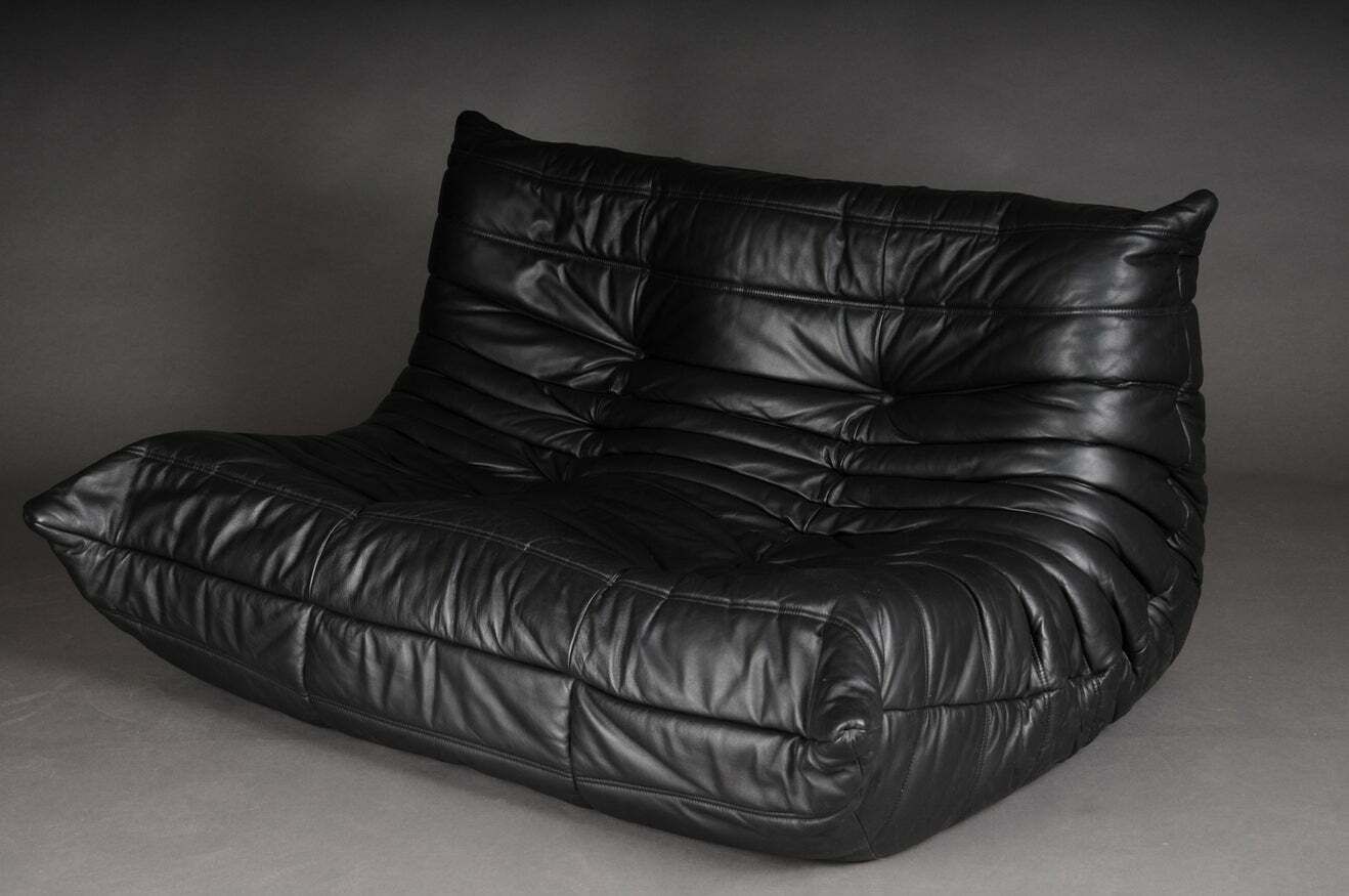 Two Seat Togo Sofa Black Leather By Michel Ducaroy Ligne Roset France photo buy