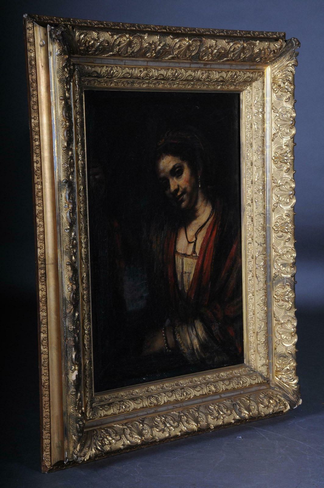 photo furniture 19th Century Oil Painting Rembrandt & H. Van Rijn, Young Woman Open Neckline