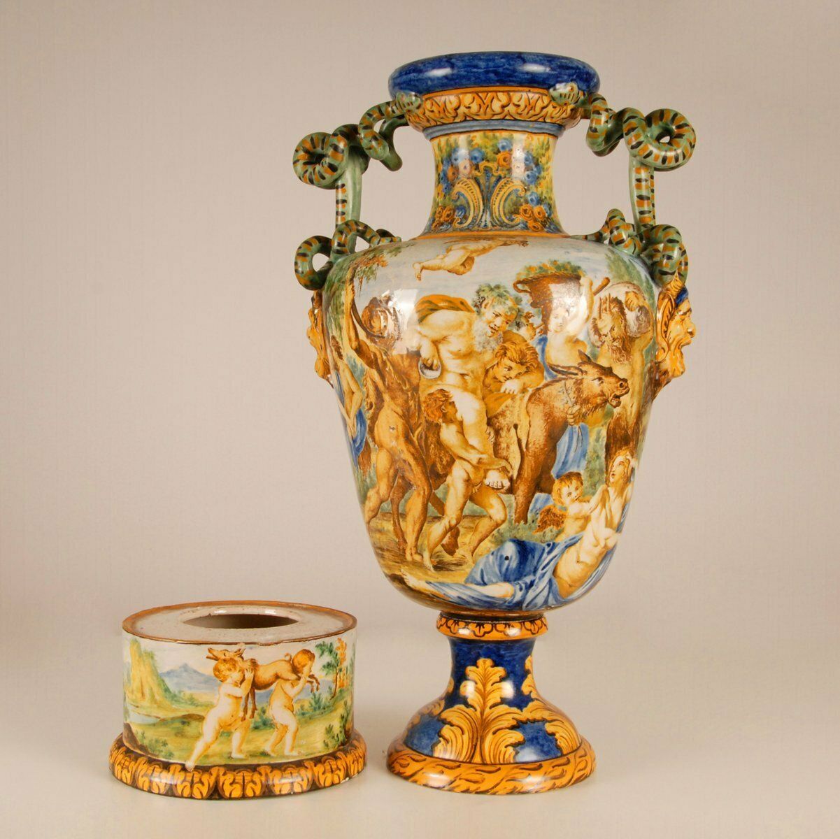 Tall Italian Majolica Serpentine Handles Vase With Separate Base Depicting Mythological Scene By Annibale Carracci, Farnese Gallery, Rome, 1597