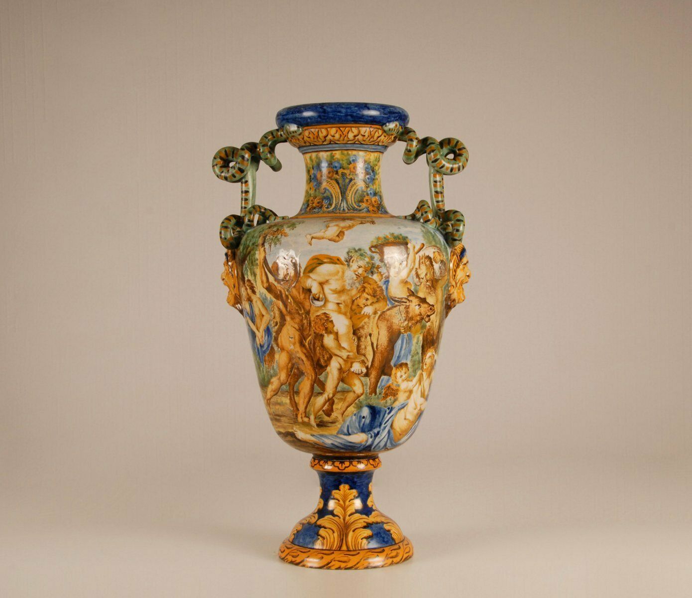 Tall Italian Majolica Serpentine Handles Vase With Separate Base Depicting Mythological Scene By Annibale Carracci, Farnese Gallery, Rome, 1597 photo Home Decor
