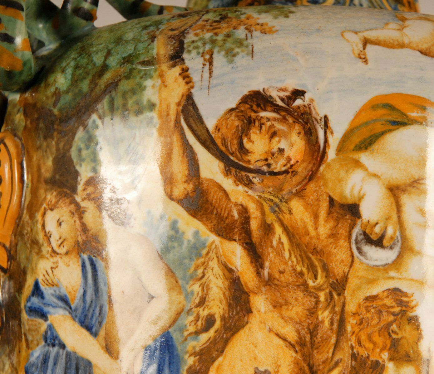 photo for sale Tall Italian Majolica Serpentine Handles Vase With Separate Base Depicting Mythological Scene By Annibale Carracci, Farnese Gallery, Rome, 1597