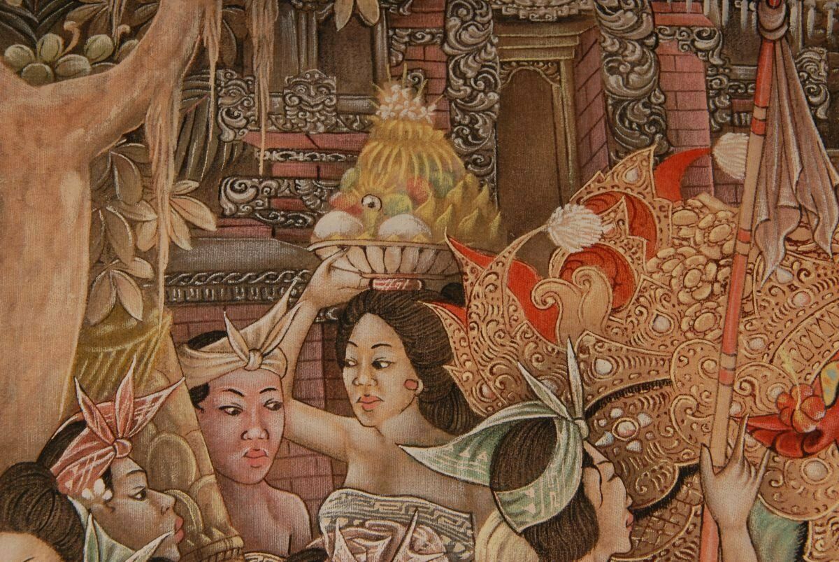Mid Century Indonesian Painting Of Carnival On Bali Ubud By M. Sudarta, 1960s photo Art