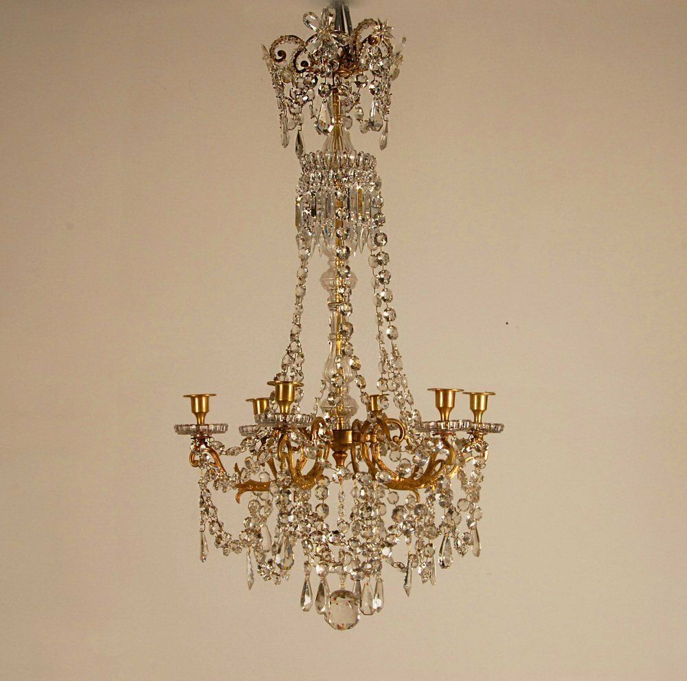 French Napoleonic Beaded 6 Light Candle Chandelier In Mercury Bronze & Baccarat Crystal