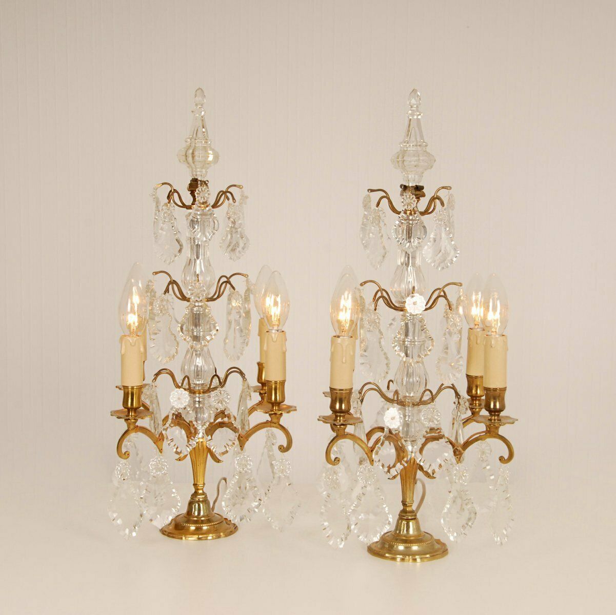 Victorian French Gilt Table Lamps With 4 Lights & Clear Crystal Prism Pendants, Set Of 2 photo 2477.0