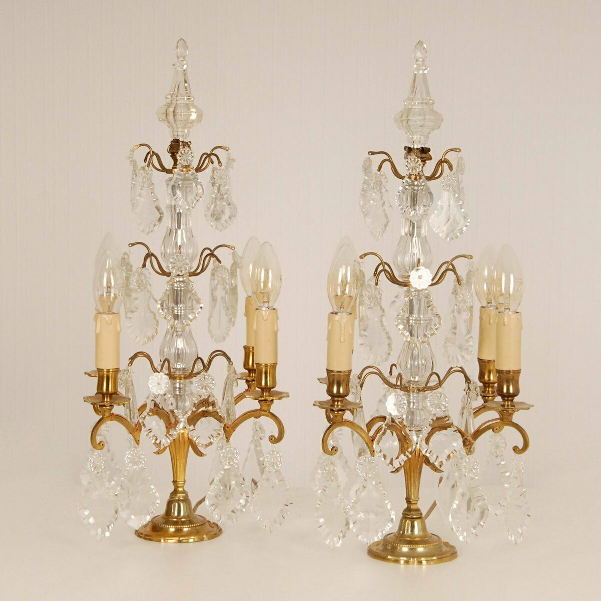 photo for sale Victorian French Gilt Table Lamps With 4 Lights & Clear Crystal Prism Pendants, Set Of 2