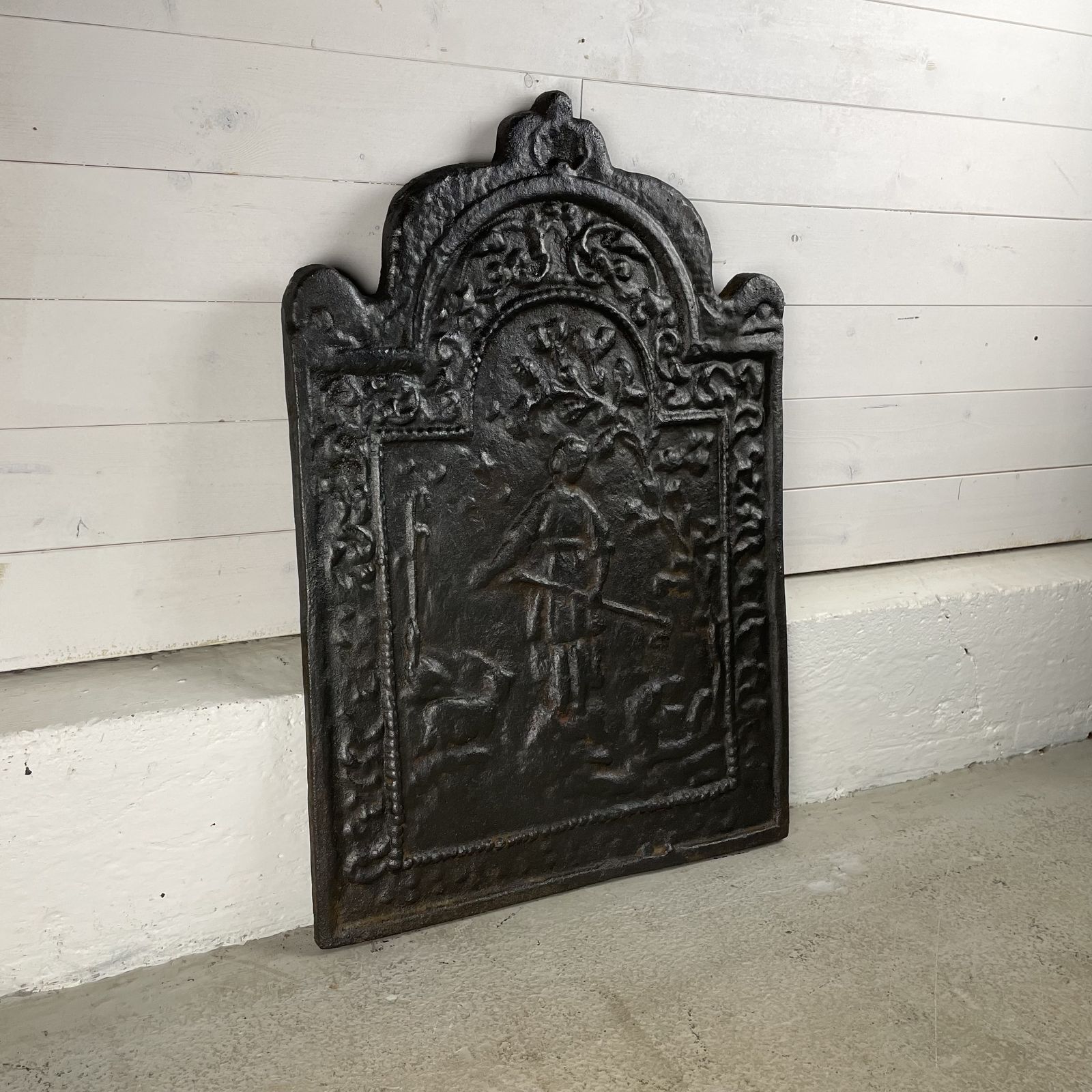 Antique Cast Iron Fire Back With Figure