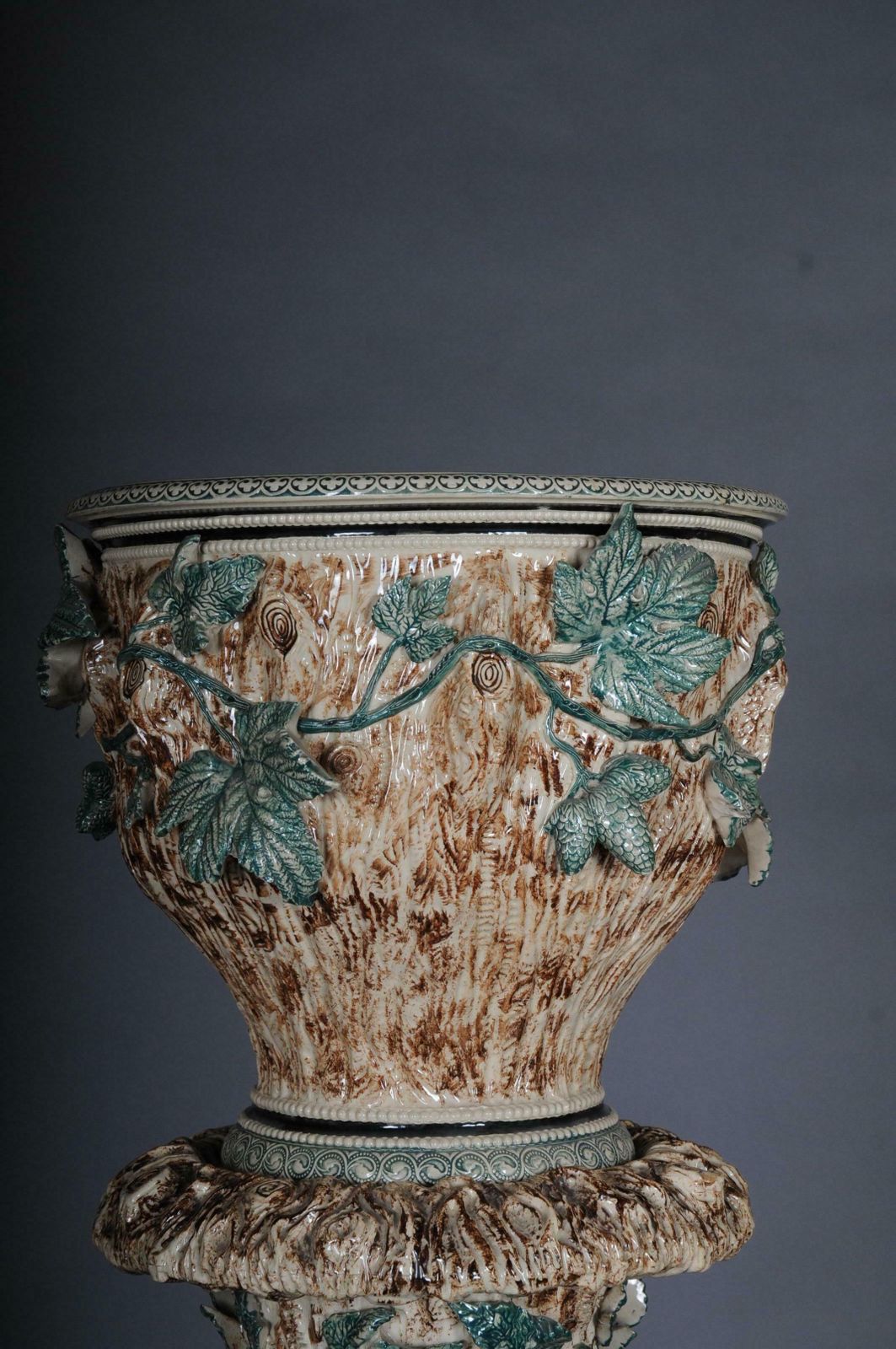 Plant Pot Pillar Majolica Austria Vine Leaves Ceramics From 1885 photo vintage