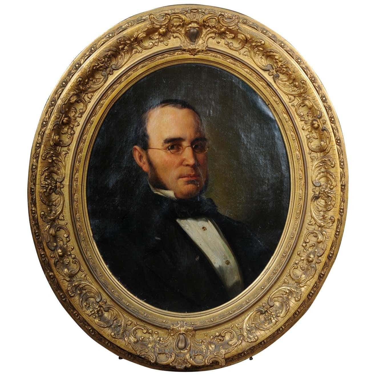 Antique Oval Biedermeier Gentlemen''S Portrait Painting, 19th Century
