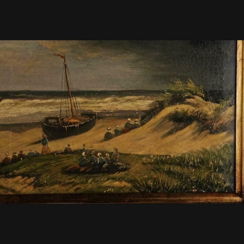 20th Century Unique Oil Painting Stormy Coastal Landscape With Sailing Ships photo Art