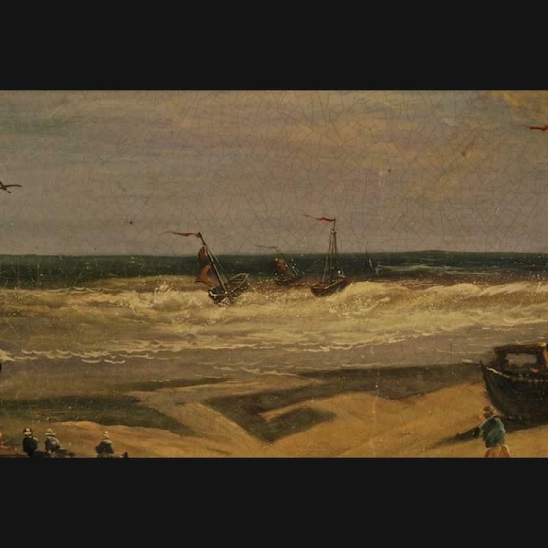 photo furniture 20th Century Unique Oil Painting Stormy Coastal Landscape With Sailing Ships