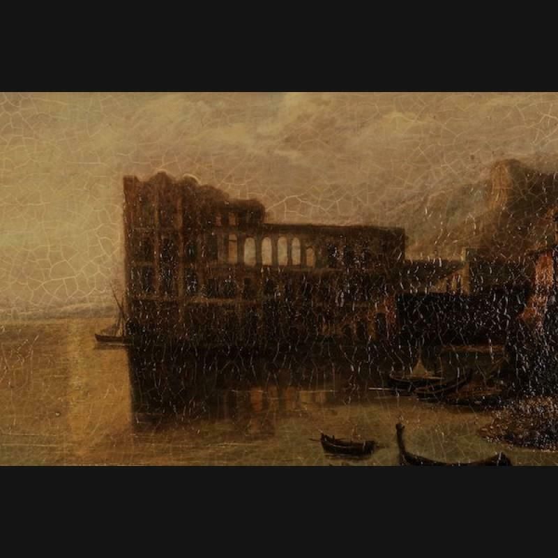 20th Century Oil Painting Palace Of Queen Of Naples, Venetian Coastal Landscape photo for sale