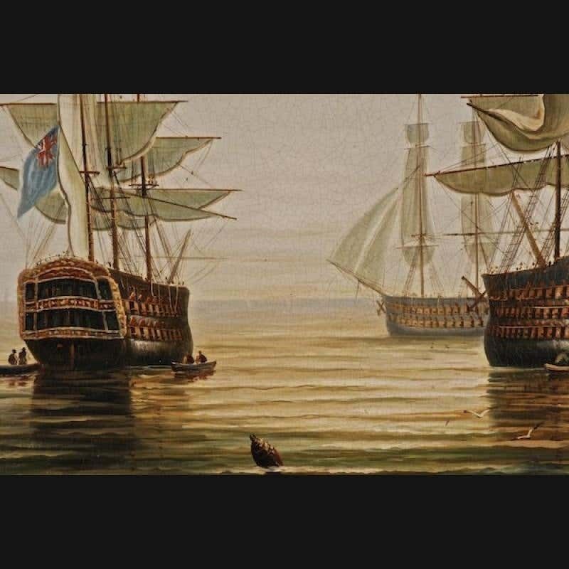 20th Century Oil Painting English Battleships In Coastal Waters photo furniture
