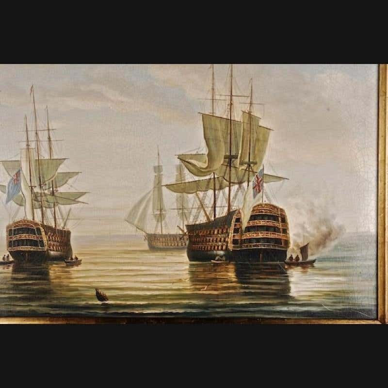 20th Century Oil Painting English Battleships In Coastal Waters photo for sale