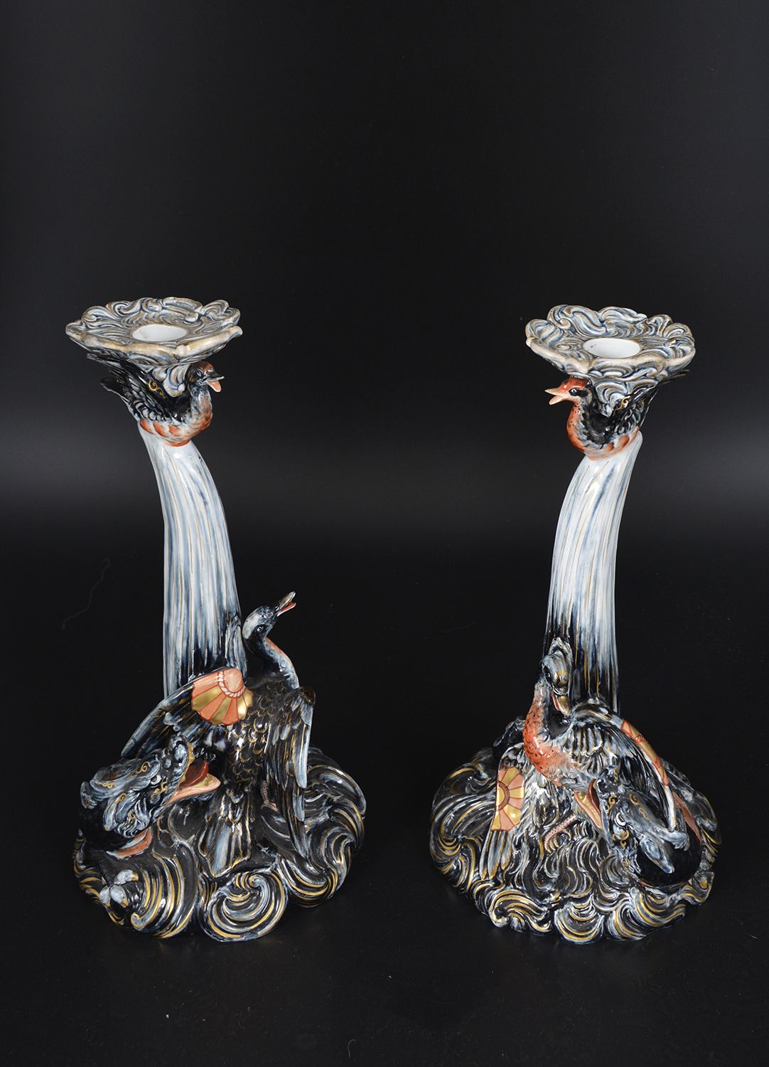 20th Century Pair Keller & Guerin French Pottery Candlesticks Lunéville Saint Clement